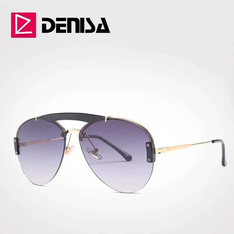 DENISA, роскошные Брендовые женские солнцезащитные очки без оправы,, авиационные очки для мужчин, Ретро стиль, красные солнцезащитные очки для девушек, защита от уф400 лучей, G23095 - Цвет линз: Gray Sunglasses
