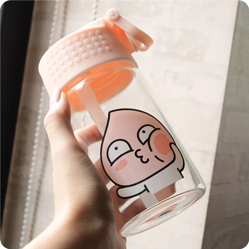 

350ml/450ml Kobitos Glass Water Bottle With Straw Cute Cartoon Design The Leakproof Portable Glass Water Bottle For Girls