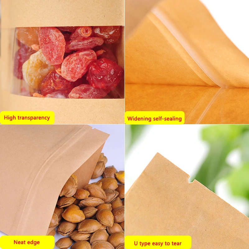 100pcs Brown Kraft Paper Gift Candy Bags For Boutique Zip Lock Wedding