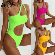 In-X Цельный купальник на одно плечо женский сексуальный неоновое бикини вырез женский купальник-монокини летний черный цельный купальник