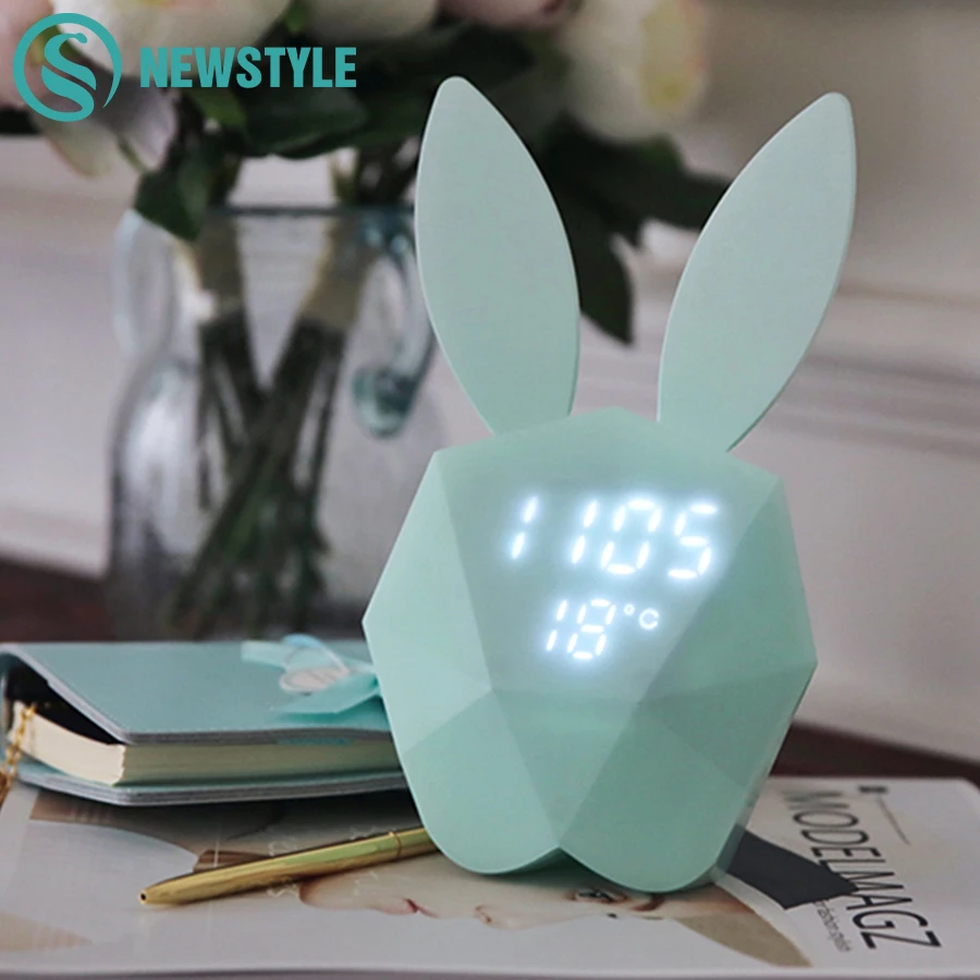 

Bunny Rabbit LED Night Light with Alarm Clock Decor Desktop Table Wall Clock Night Light for Bedroom