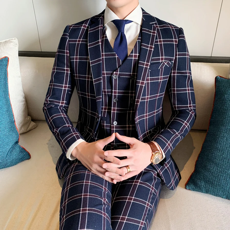 

Navy Blue Plaid Suit Men 2019 New Autumn British Style Groom Wedding Tuxedo Jacket Pants Vest Luxury Casual Suit Male Q663