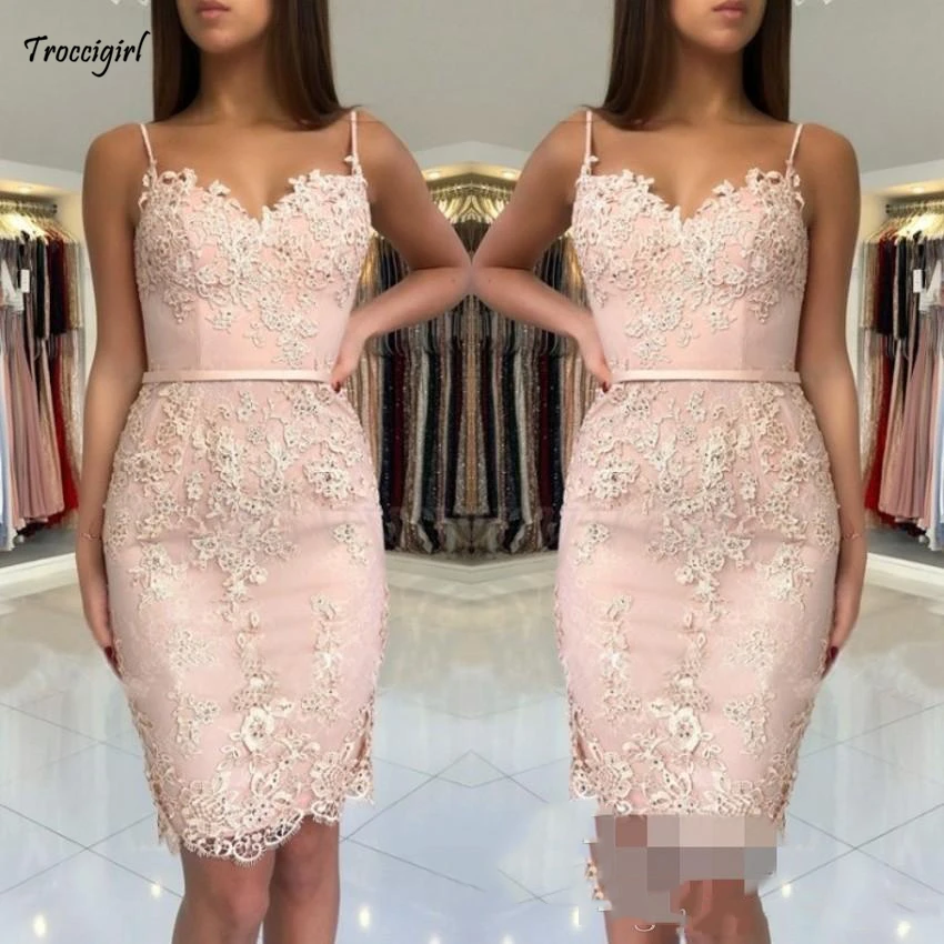48-1            Blush Pink Arabic 2018 Cocktail Dresses Spaghetti Srtaps Sash Lace Appliques Sleeveless Short Mini Knee Length Sheath Party Homecoming Gowns