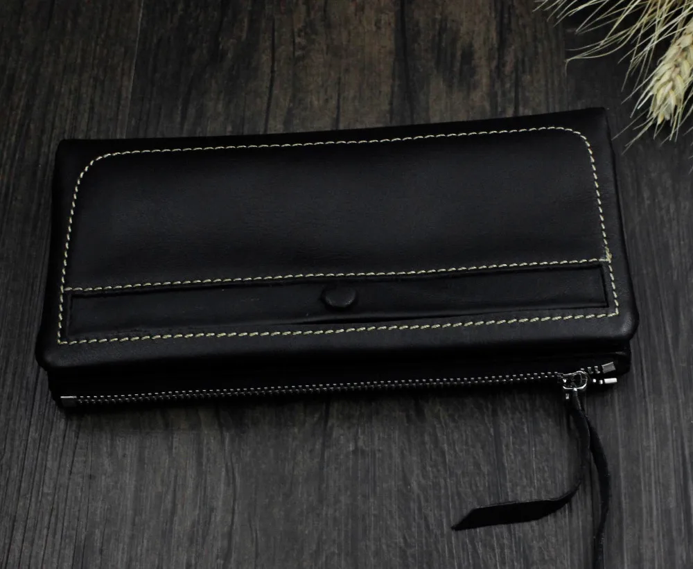 Мужской длинный черный кошелек из натуральной кожи, держатель для карт, хипстерский кошелек
