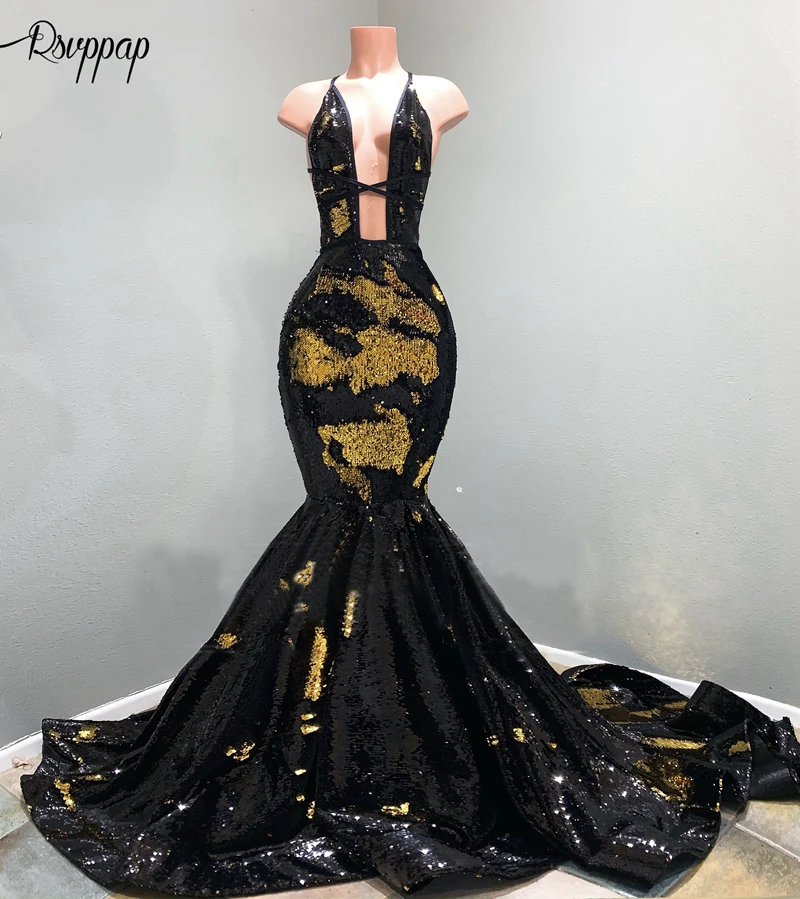 Buy Long Prom Dresses 2019 Mermaid Halter Sleeveless Gold And Black Sequin