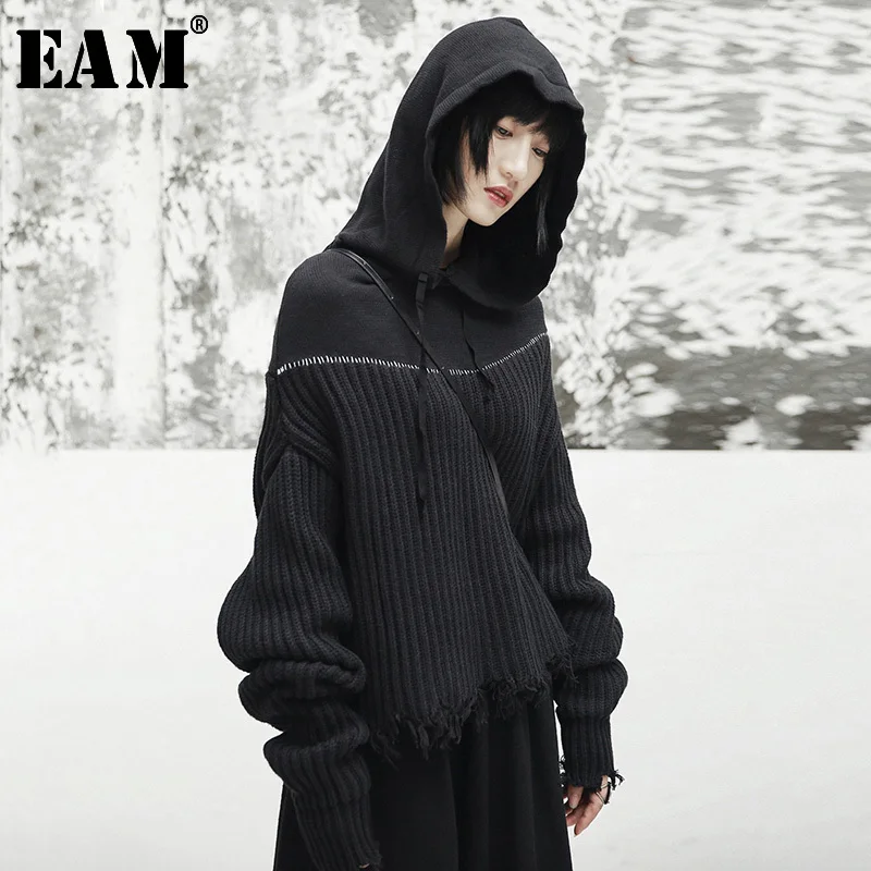 

[EAM] 2020 New Spring Hooded Long Sleeve Black Loose Irregular Cut Knitting Large Size Sweater Women Fashion Tide JI508