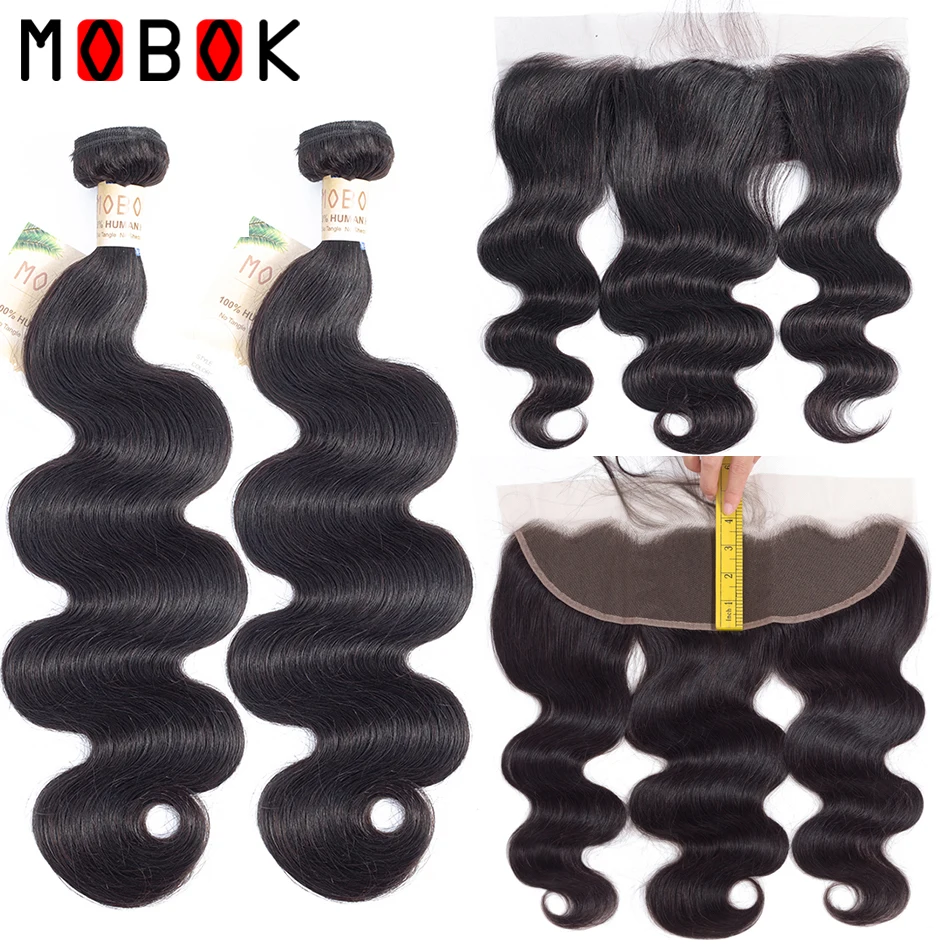 

MOBOK PrePlucked Lace Frontal Closure With Bundles Peruvian Body Wave With Frontal NonRemy Human Hair 3 Bundles With Frontal