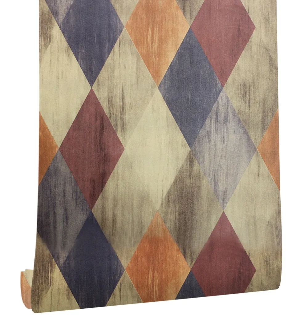 

HaokHome Vintage Geometric Diamond Peel and Stick Wallpaper Khaki/Blue/Red Self Adhesive Stickers Contact Paper bathroom Decor