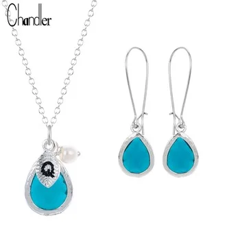 Brand New Blue Glass Crystal Necklace Dangle Earring Jewelry Stes For Women Quartz  Resin Statement Original Homme Bijoux Gift