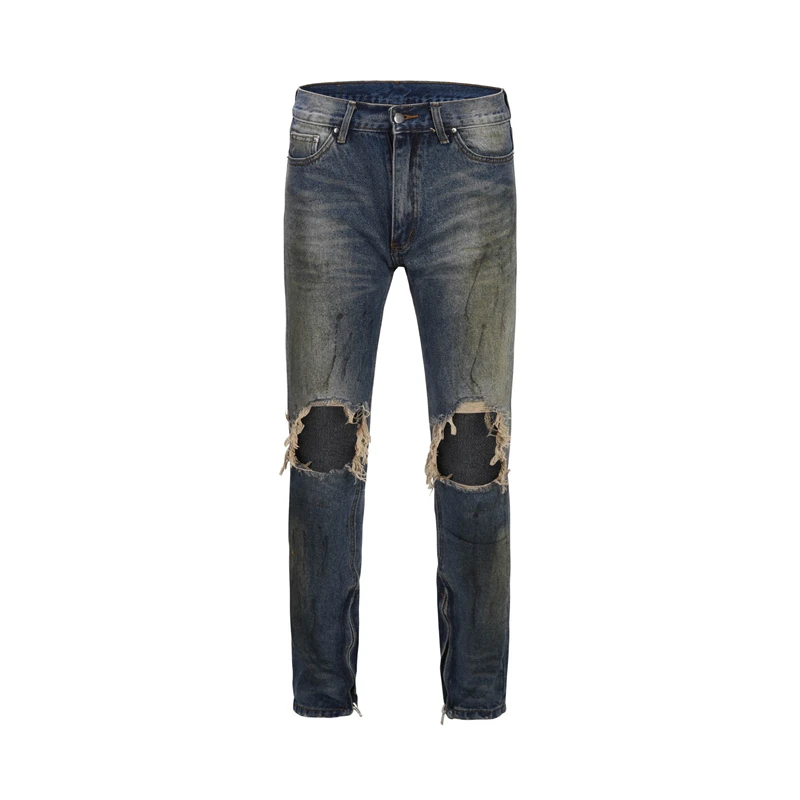 

Hip Hop Dirty Broken Denim Jeans Zippered Ankles Distressing Biker Jeans Men Streetwear