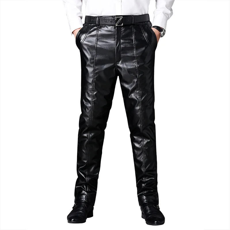 Новые мужские кожаные брюки мотоциклетные локомотивы Талия Kneecap Двойная кожа утолщение брюки Повседневная полная длина плюс размер L-5XL