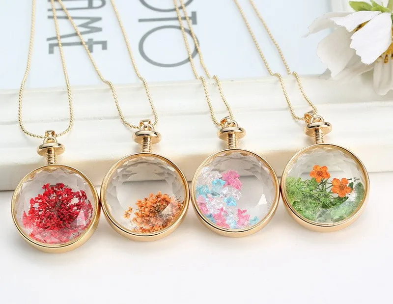 Fresh Pressed dried real Flowers Pendant Necklace jewelry