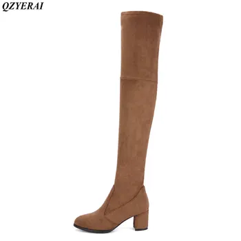 

QZYERAI 2018 Autumn/winter long boot stretch cloth 100% of cow skin knee tight boots fashion sexy boots size 34-43
