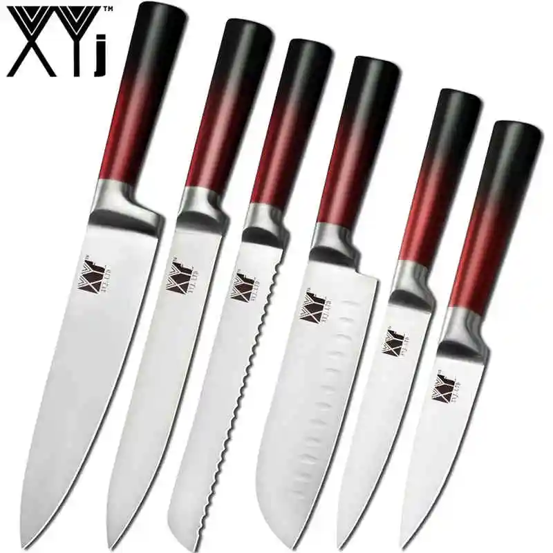 XYj набор кухонных ножей из нержавеющей стали с красной и черной ручкой, интегрированный дизайн, острое лезвие, нож 8 дюймов, подставка для ножей, точилка, ножницы - Цвет: 6pcs set
