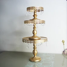 Gold tortenständer metall eisen kristall anhänger kuchen-standplatz-hochzeitsfest dekoration lieferanten backen kuchen zubehör werkzeuge
