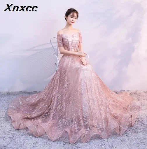Xnxee/платье русалки с коротким рукавом, с аппликацией, золотое, кружевное, с коротким шлейфом, торжественное платье для женщин Xnxee
