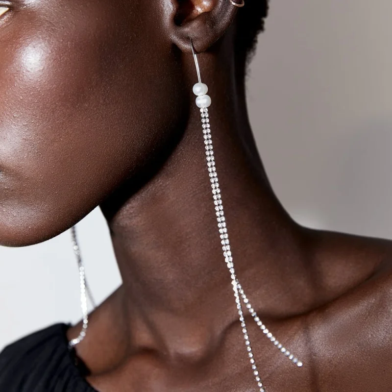 

Lalynnlys ZA Fashion Rhinestone Crystal Long Earrings For Women Girls Natural Pearl Dangle Earrings Party Jewelry New Hot E62851