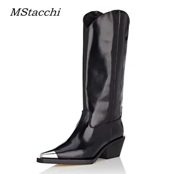 

Mstacchi Metal Pointed Toe Genuine Leather Knee High Boots Women Chunky High Heel Knight Boots Motorcycle Boots zapatos de mujer