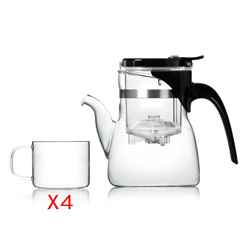 Heat Resistant Glass Tea Pot with Smart Filter 600ml & 4 Pcs Glass Tea CupsChinese Tea Set GiftEasy Tea Maker