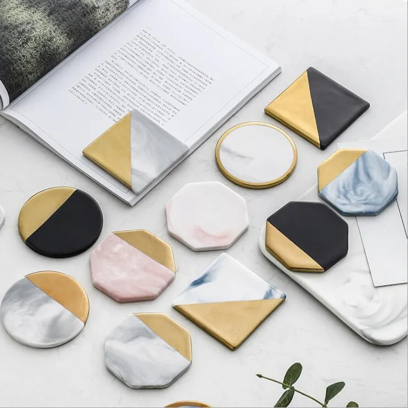 

CFen A's Marble Grain Coasters Ceramic Stands With Woodern Mat Coffee Tea Cup Pad Round Black Coaters Table Mat Place Mats 1pc