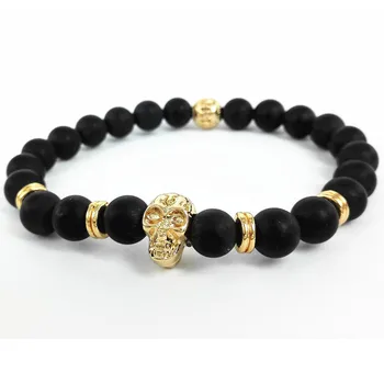

2015 New Design Yoga Men Jewelry Wholesale Top Quality 8mm Black Matte Stone Stone Bead with 24K Gold Skull Bracelets