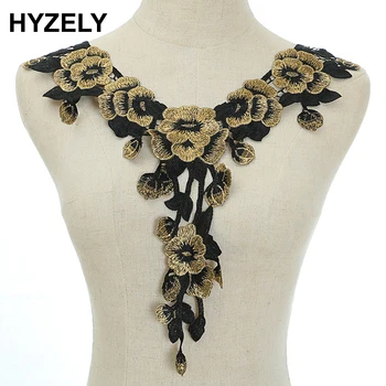 

1 EmbroideredLace Neckline Collar Applique Gold Black Motif Patches Scrapbooking Embossed Sewing Accessories Gift NL011