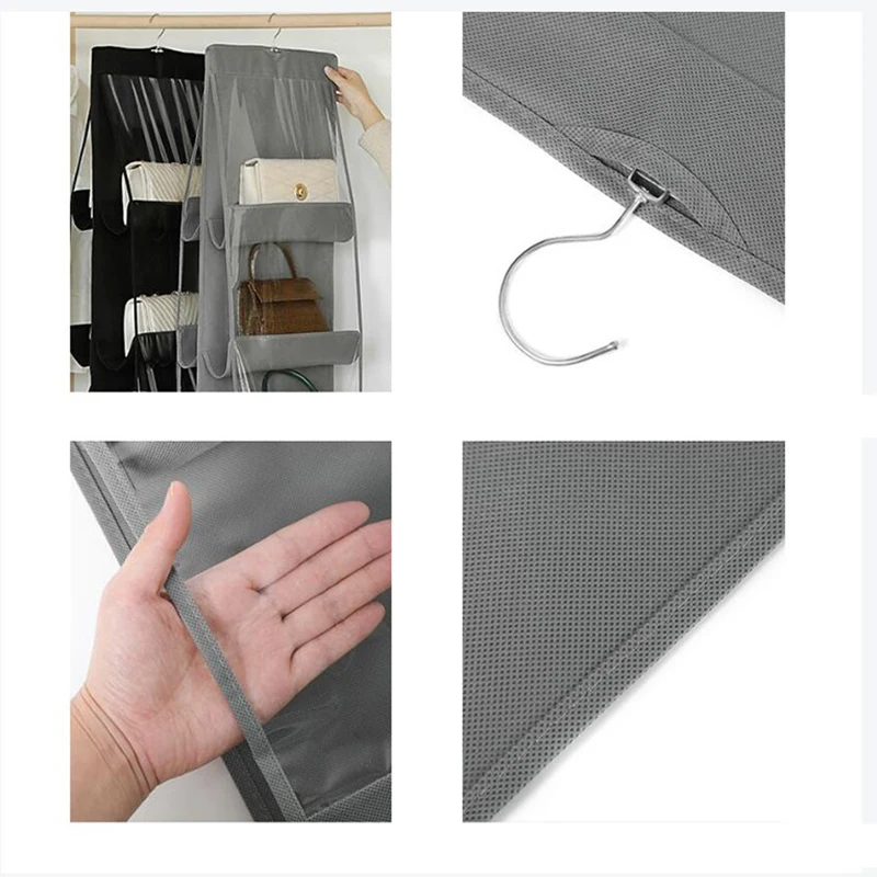 6 Pocket Hanging Handbag Storage Organizer For Wardrobe Closet Folding Hanging Sundry Shoe Storage Bag Double Side Transparent