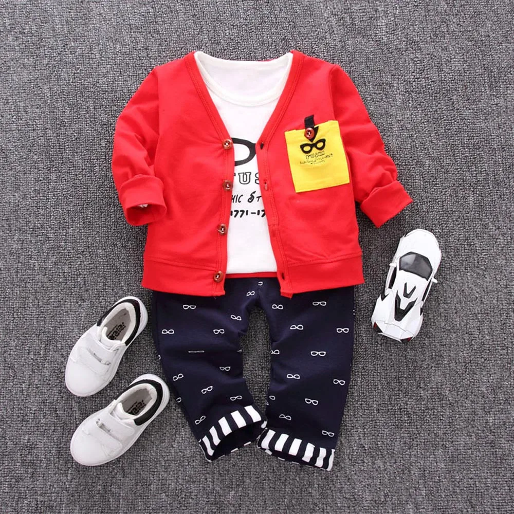 

Toddler Kids Baby Boy clothes Letter glasses Print T-shirt Tops+Pants+Coat Cardigan 3pcs newborn Clothes conjuntos bebe verano