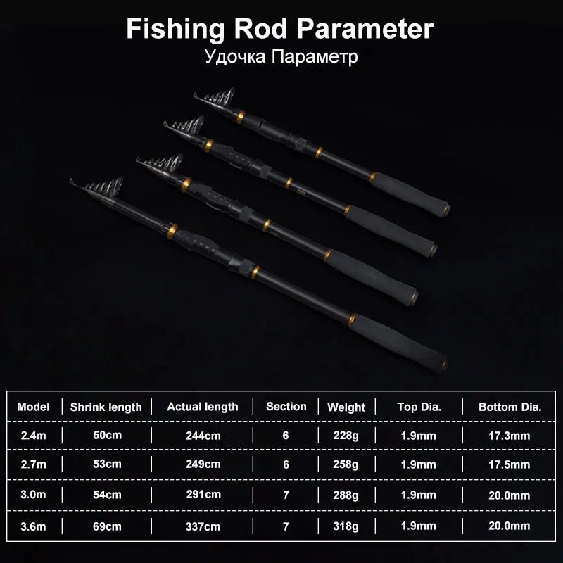 Carbon Telescopic Fishing Rod Power Ultralight 2.4M / 2.7M / 3.0M / 3.6M Fishing Rod Long Shot Bait Casting Spinning Fishing Rod