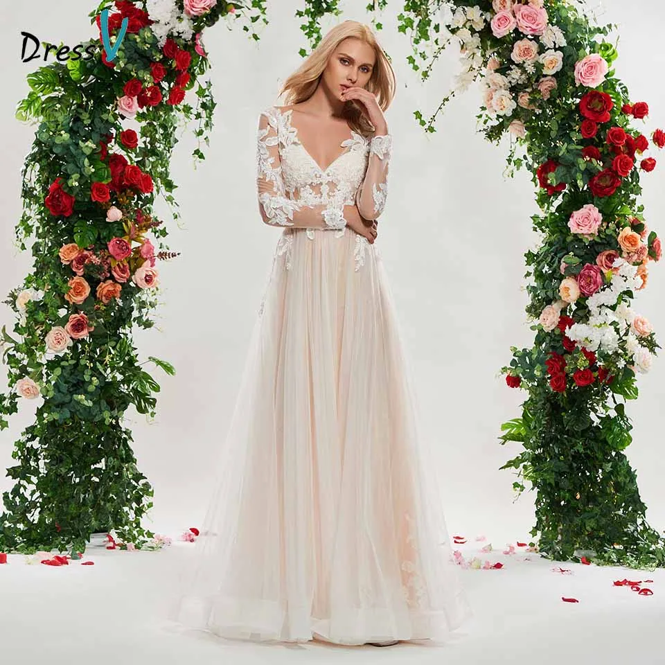 

Dressv v neck wedding dress a line long sleeves lace zipper up tulle floor length bridal outdoor&church wedding dresses