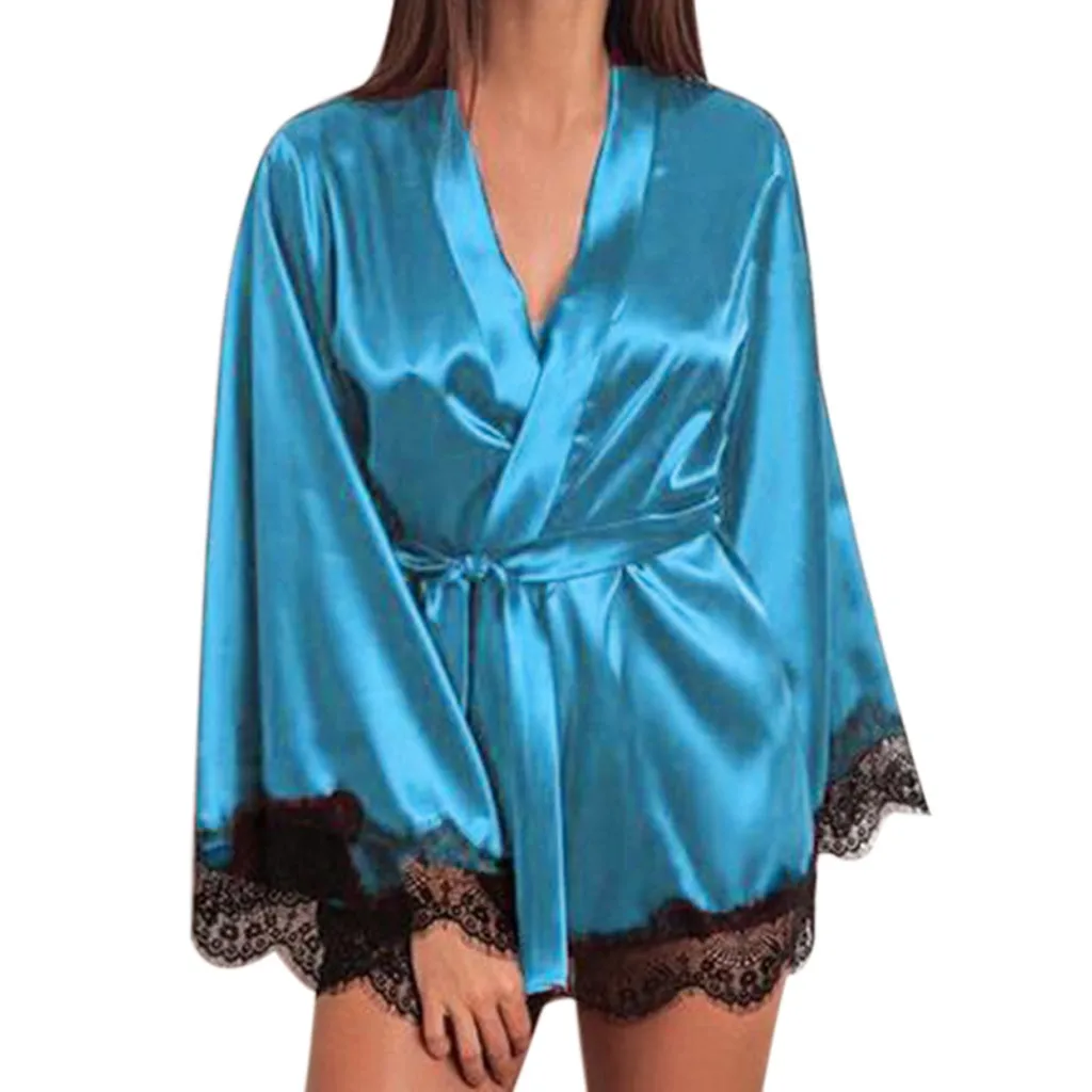 Модная женская атласная ночная рубашка Шелковый сексуальный халат Женское кружевное белье Ночная рубашка одежда для сна kawaii Большие