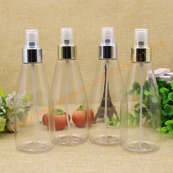 

200ml pear shaped clear PET bottle with silver/gold aluminum sprayer.mist PET bottle. travel refillable perfume container
