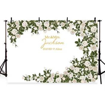 

7x5ft Photography Background Arch Flowers for Wedding Seamless Photo Backdrop White Flower Vintage Leaf with Customize Name