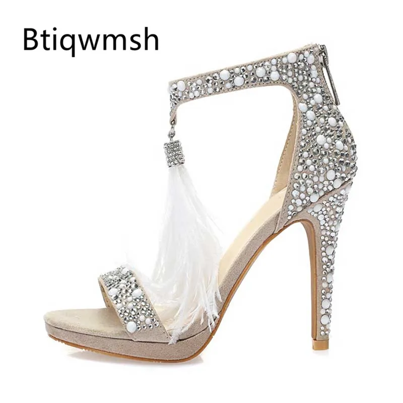 

2019 Sexy Ostrich Feather Gladiator Sandals Women Open Toe Rhinestone Diamond High Heels Platform Shoes Woman Wedding Shoes