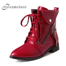 

FESNEISEE New 2018 Fashion Style Spring Autumn Women Low Heel Zipper Pointed Toe Lace-up Ankle Boots Black Brown Plus Size 34-36