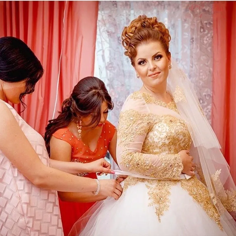 Vestidos de novia, пышная ярусная бальная одежда с длинным рукавом, свадебные платья, белое и Золотое роскошное кружевное свадебное платье с аппликацией