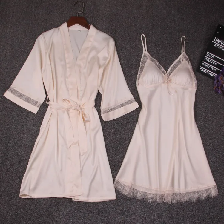 Осенняя женская ночная рубашка, комплекты из 2 предметов, ночная рубашка, халат с нагрудной накладкой, женское атласное кимоно, банное платье, одежда для сна, розовый халат, костюм