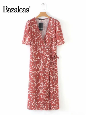 Bazaleas женское Повседневное платье с завязками на талии во французском стиле платья а-силуэта с v-образным вырезом и цветочным принтом vestidos платье - Цвет: W2315