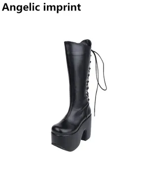 

Angelic imprint mori girl Women punk motorcycle boots lady lolita Mid-calf Boots woman high trifle heels pumps platform shoes 46