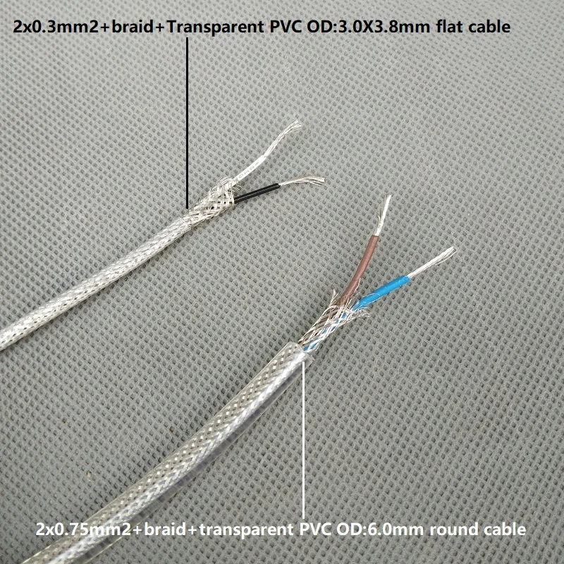 20m/lot 22AWGx2C+copper braid+pvc ca or 2*0.75mm+FEP insulation+copper braid power cable round