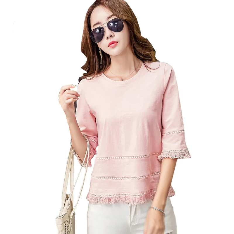 

Christmas T Shirts Tassel T Shirt Women Tops 2017 Summer Pink Three Quarter T-Shirt Female White Womens Clothes Poleras De Mujer