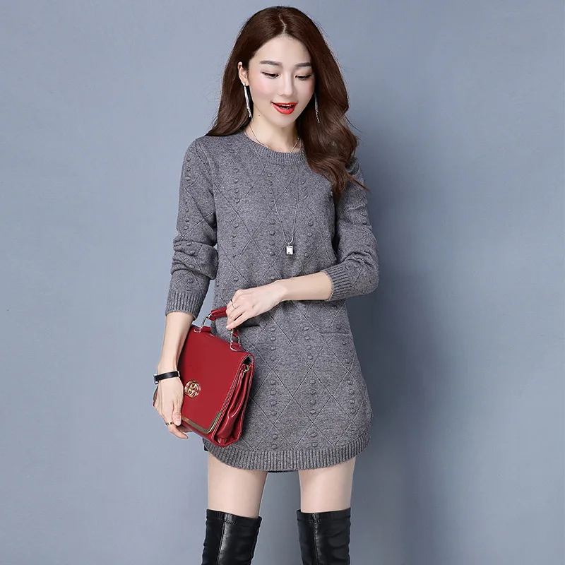 Baratos Nuevo Otoño Invierno mujeres suéteres de punto Pullover Color sólido cuello redondo de manga larga suéteres moda suelta Jersey de punto mujeres tapas
