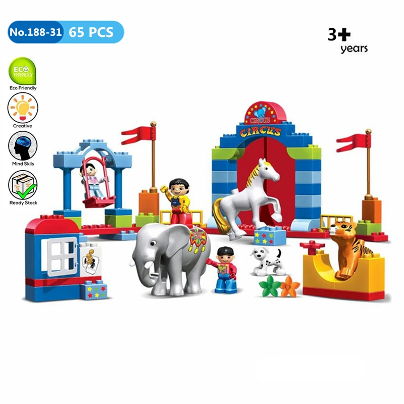 

65pcs DIY Big Size Bricks Circus Animals Performance Show Building Blocks Kids Toys Compatible Legoing Duploe for Children Gifts