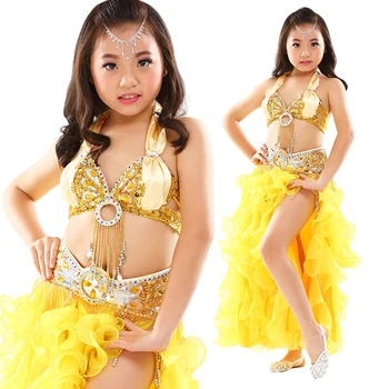 

Belly Dance Costumes Children Girls team Oriental Dance Clothing Beaded Tassel Bra Indian Dress Performance Costumes 2pcs/3pcs