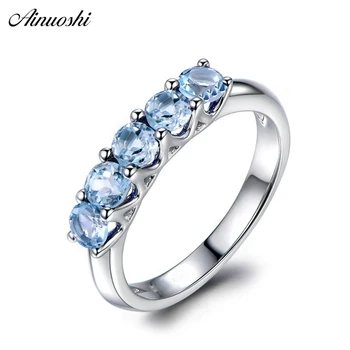 

AINUOSHI Pure 925 Silver Five Blue Topaz Ring 1.25 Carat Round Cut Gemstone bague Women Engagement Wedding Anniversary Jewelry