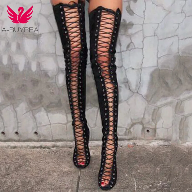 

A-BUYBEA Women Over the Knee Boots Autumn Women Peep Toe Black Lace-Up high heel Pumps Boot Ladies Loog Boots Shoes Size 35-40