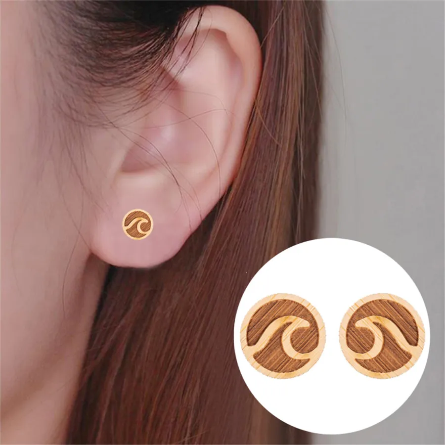 yiustar Round Ocean Wave Earrings Wooden Stud Earring For Women