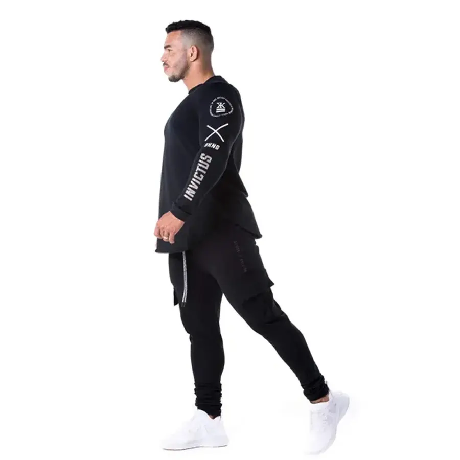الرجال نحيل طويل الأكمام قمصان الربيع 2019 عارضة الأزياء تي شيرت مطبوع الذكور الجمنازيوم اللياقة البدنية الأسود المحملة قميص قمم الملابس نجوم...