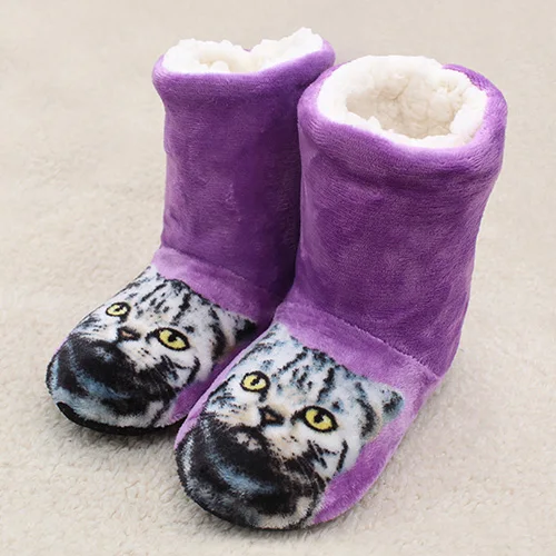 ST SUPER TRADE/Женские повседневные домашние тапочки на мягкой подошве; Милая женская обувь на плоской подошве с принтом кота; плюшевые хлопковые меховые тапочки для спальни - Цвет: Фиолетовый