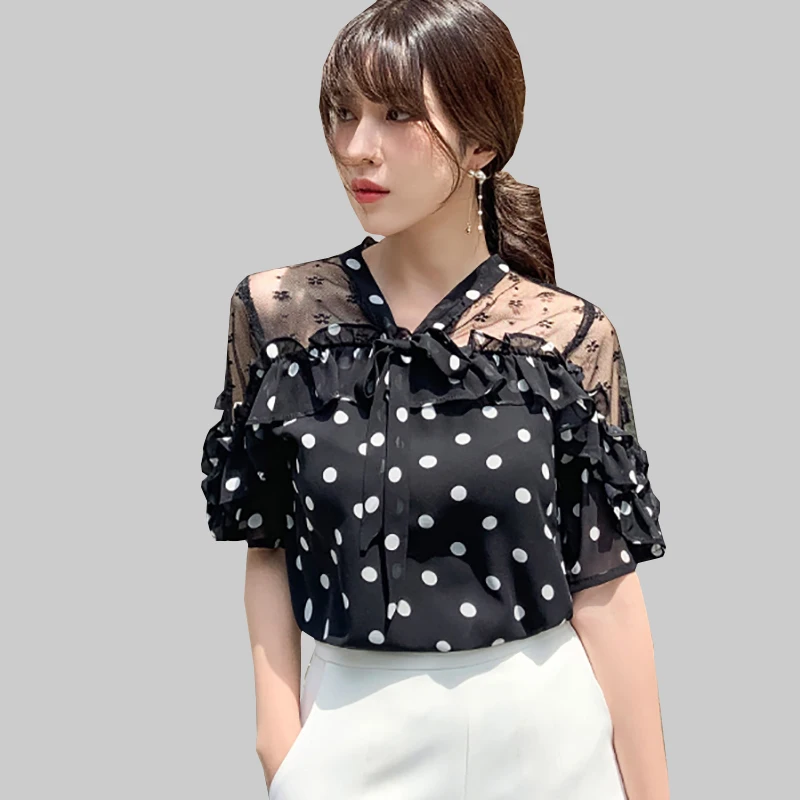  shintimes Vintage Polka Dot Blouse Women White Chiffon Shirt Hollow Out 2019 New Summer V-Neck Shor